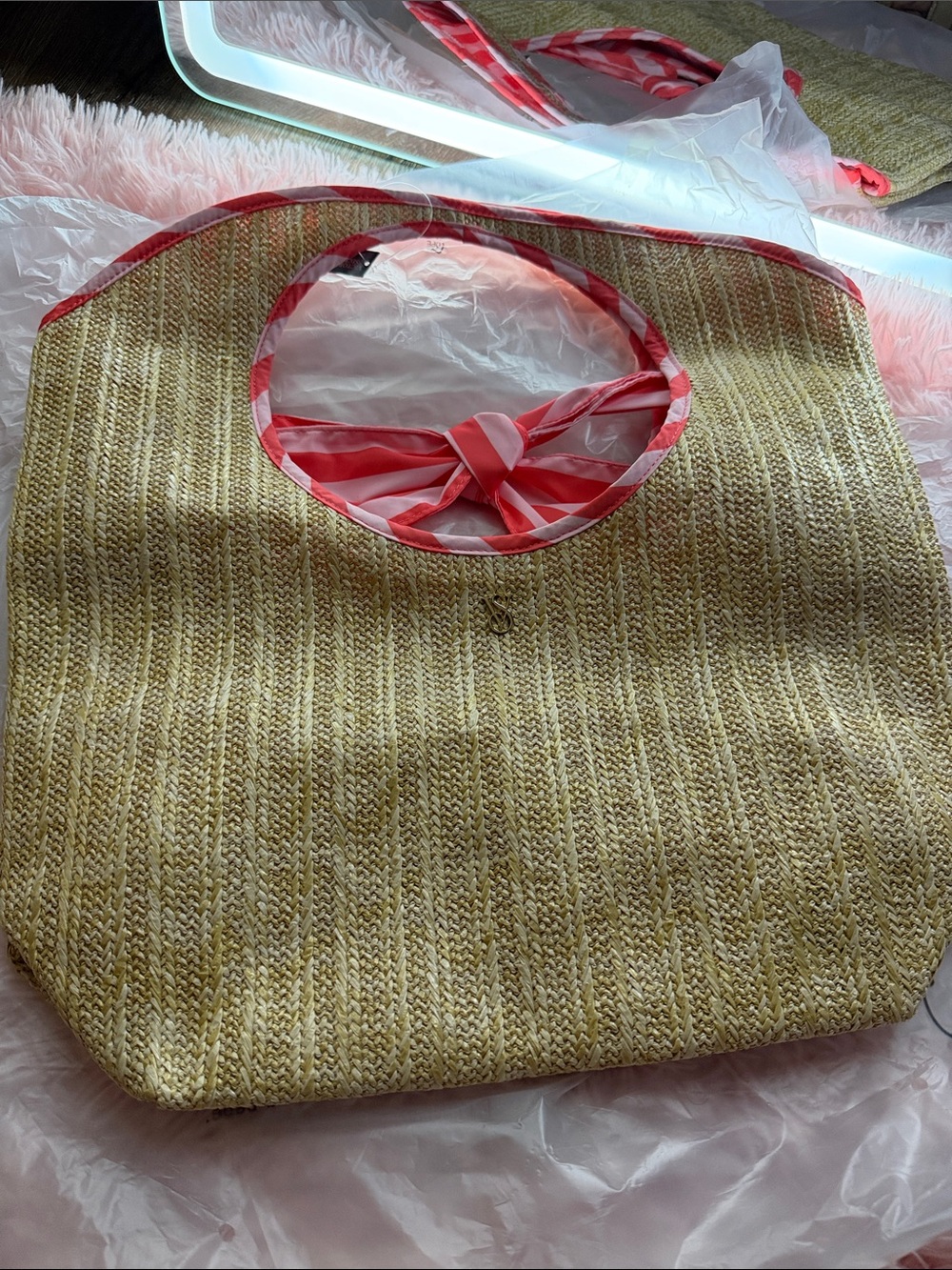 Victoria's Secret Natural Straw Tote with Coral Pink Trim